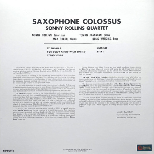 SONNY ROLLINS - SAXOPHONE COLOSSUS 1957/2022 (SRPD0010, 180 gm.) SECOND RECORDS/EU MINT SONNY ROLLINS - SAXOPHONE COLOSSUS 1957/2022 (SRPD0010, 180 gm.) SECOND RECORDS/EU MINT